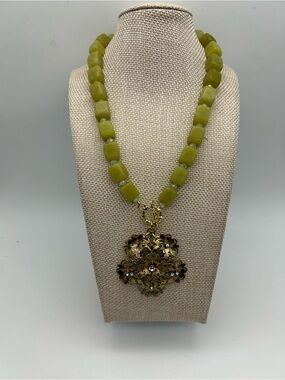 Ornate Gold Filigree Pendant Necklace with Jade Gemstones